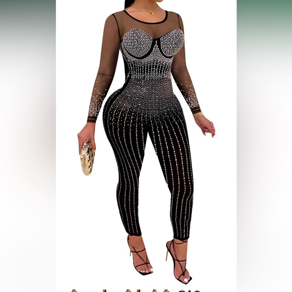 NYE, Birthday jumpsuit black mesh rhinestone